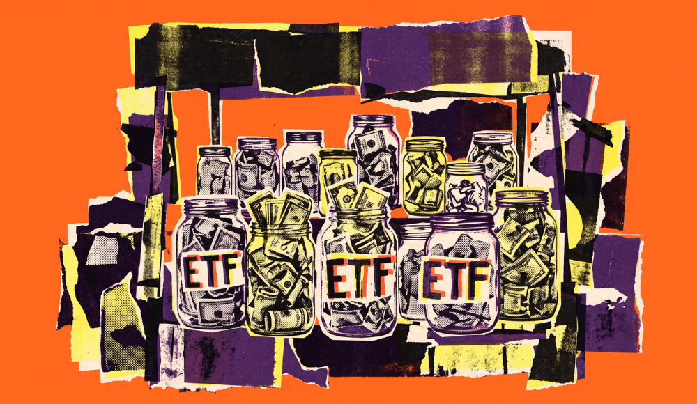 Hisa ETFs represented with jars full of money being traded at a market