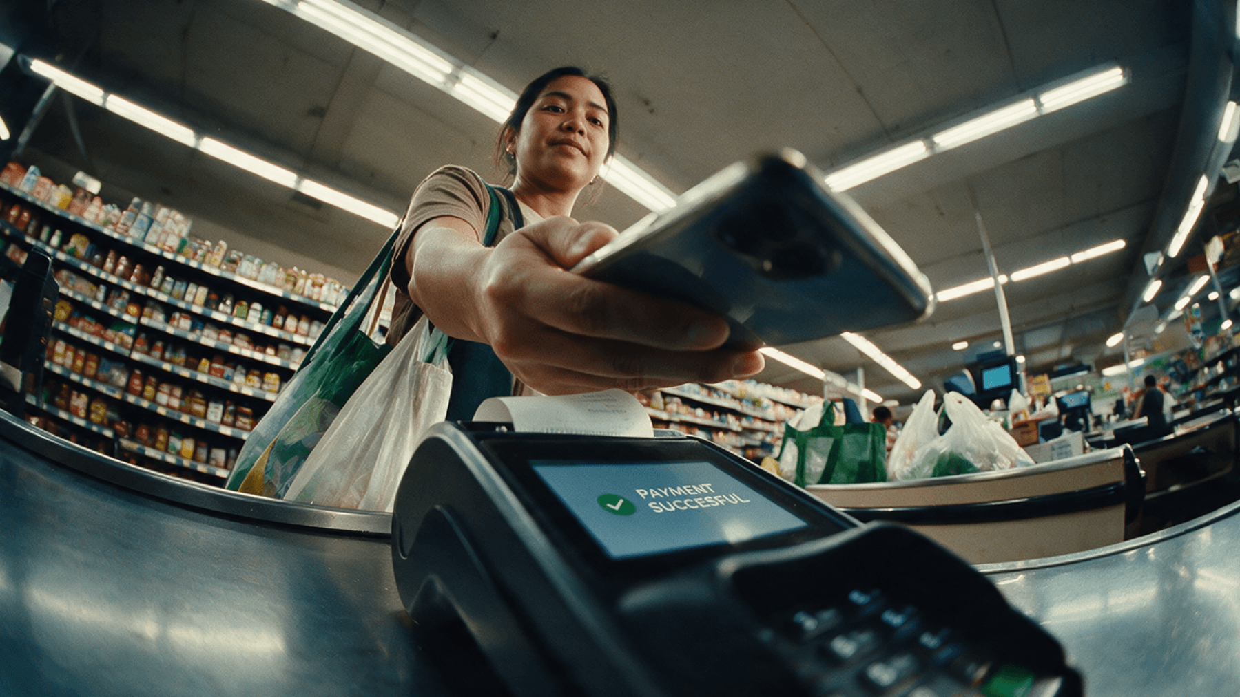 A Canadian using Neo Advance to pay for a transaction at a grocery store, after learning the differences between Neo Advance vs Money Mart